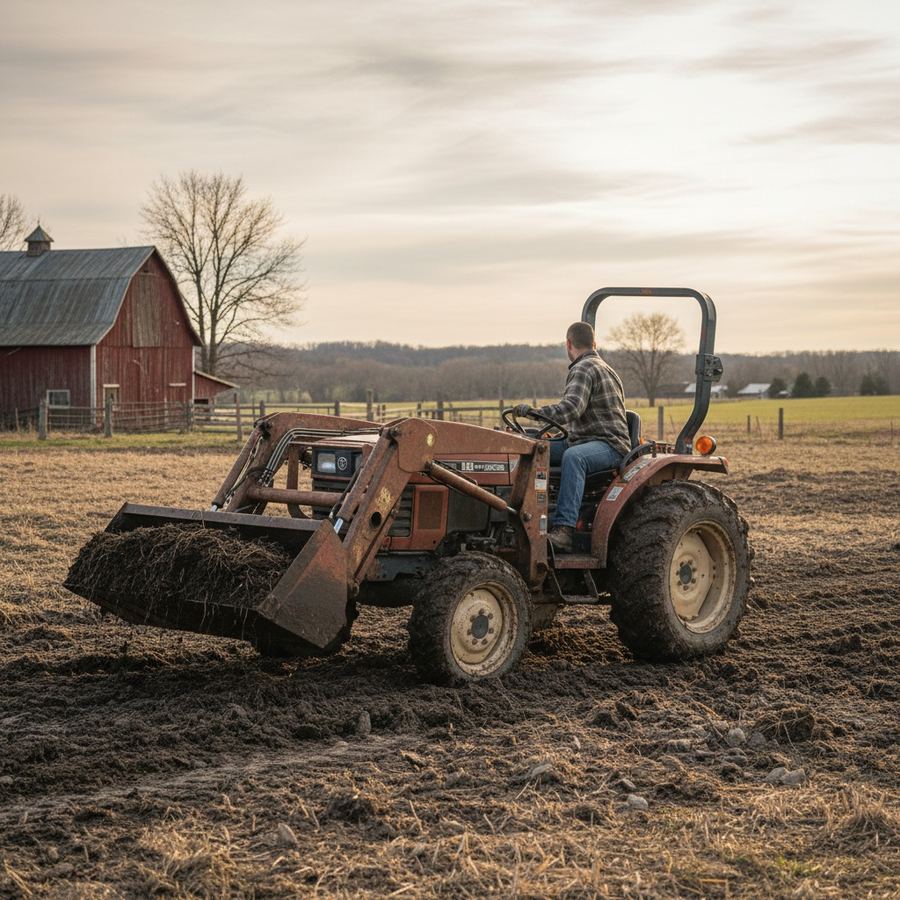 Compact MFWD tractor using a front end loader in muddy farm conditions