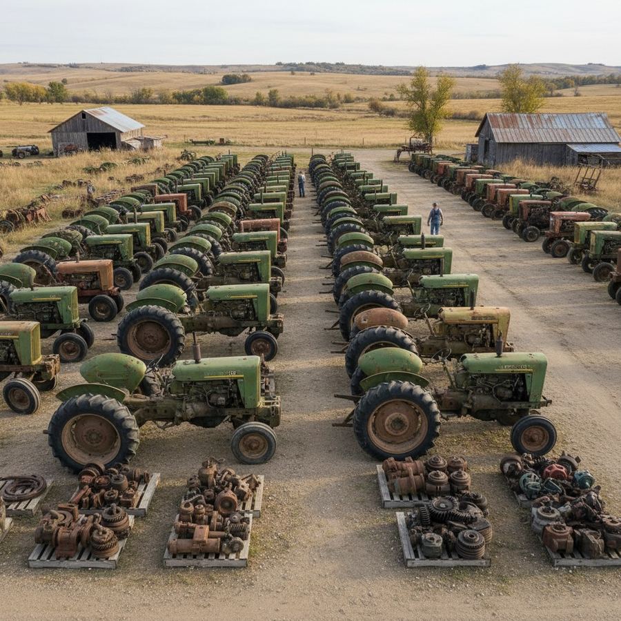 Rows of dismantled tractors at an agricultural salvage yard with used parts on pallets