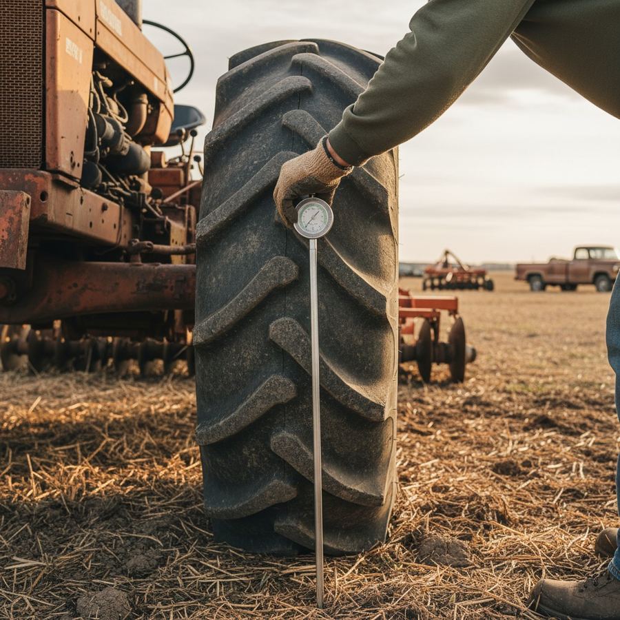R-1 ag tractor rear tire showing tread depth measurement with a gauge