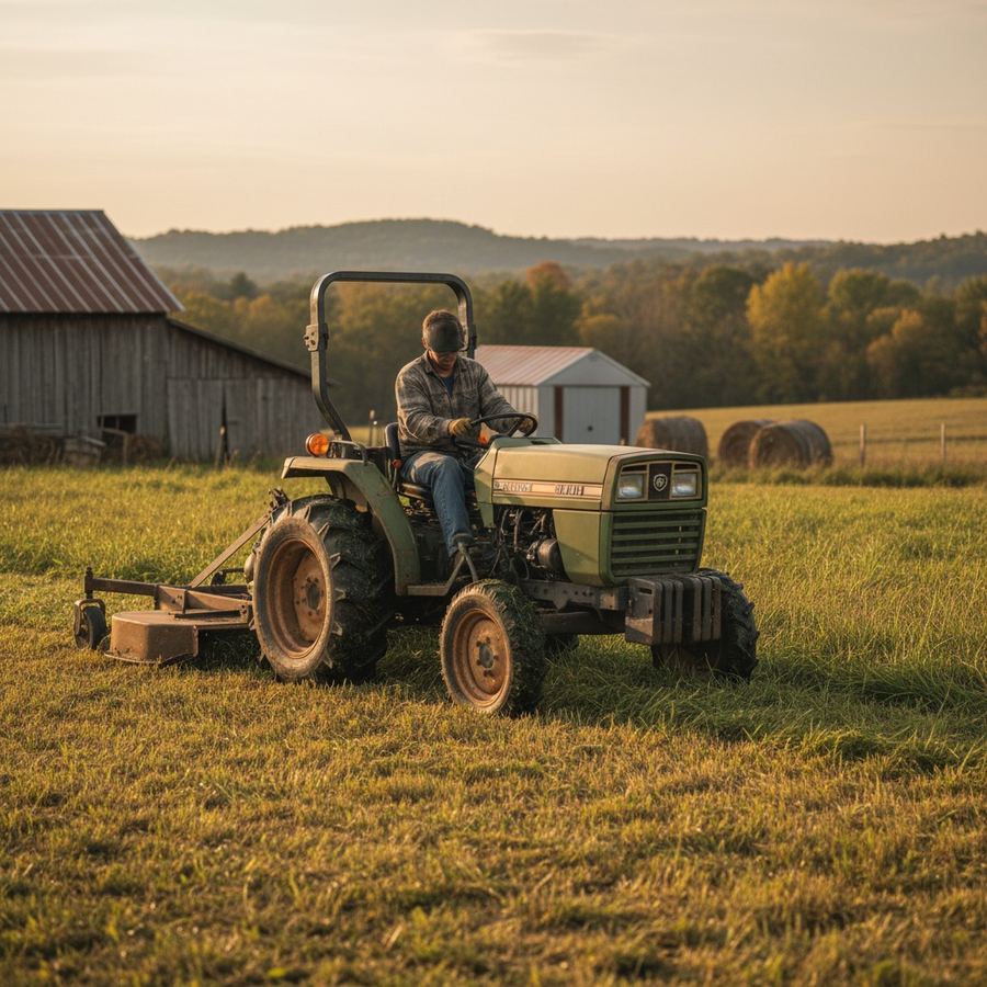Compact utility tractor running a rotary cutter across a small pasture