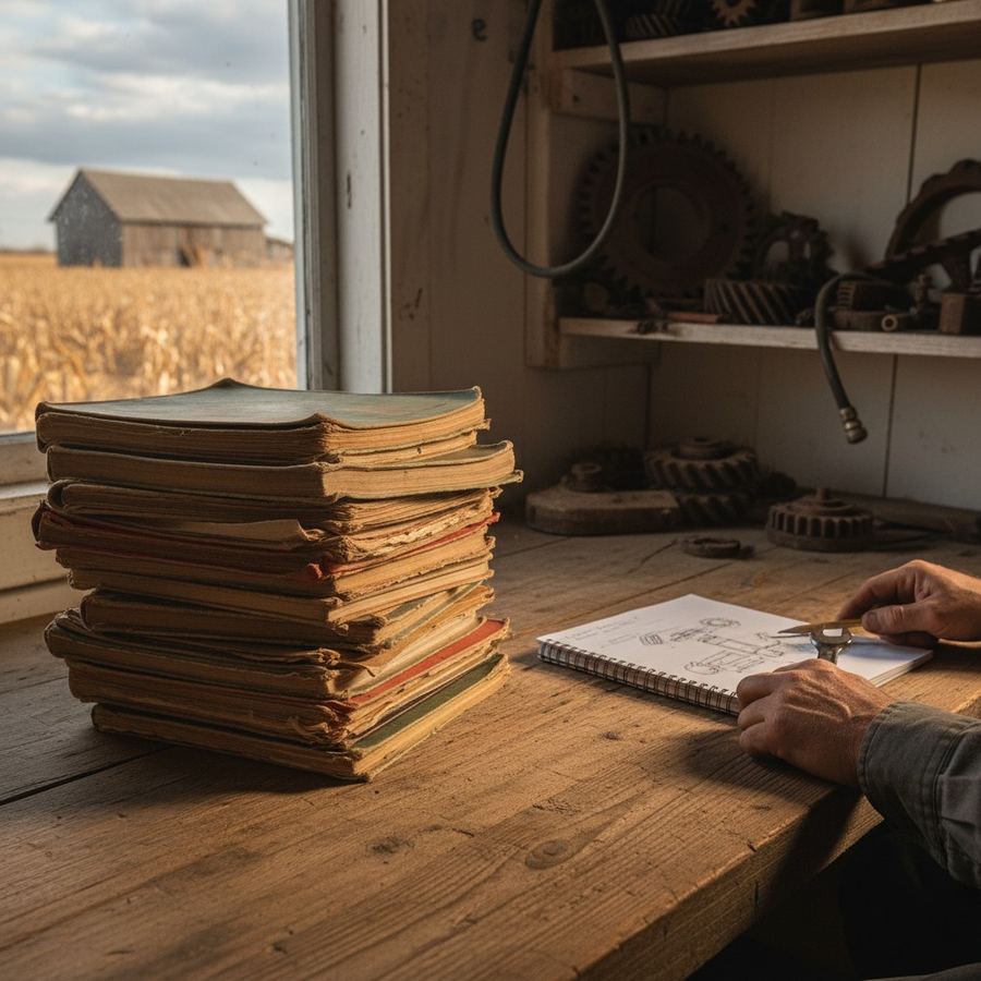 Stack of old tractor operator manuals and a notepad on a wooden desk