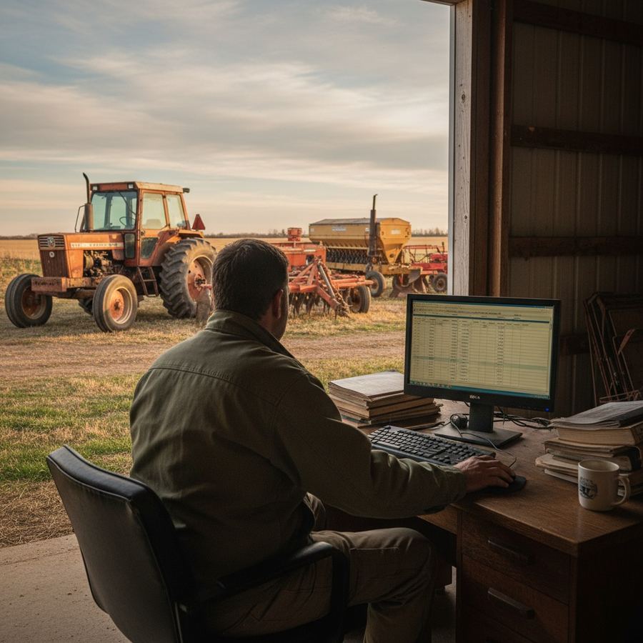 Dealer reviewing used equipment inventory data on a computer screen
