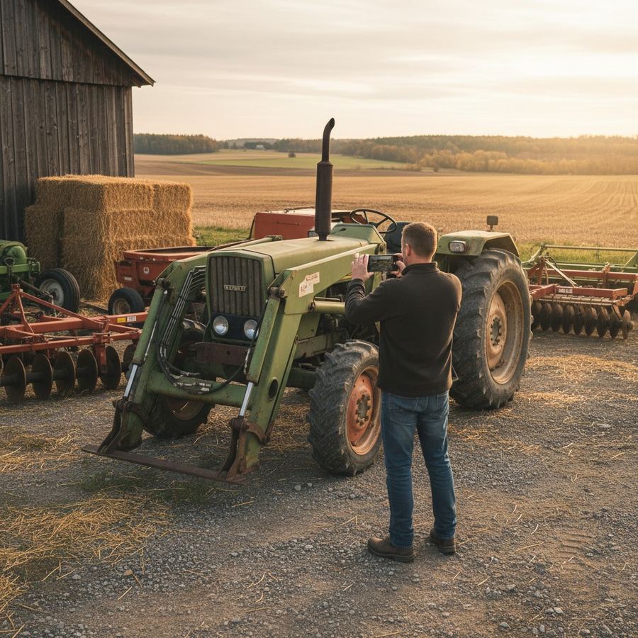 Dealer recording a walkaround video of a used tractor on their lot