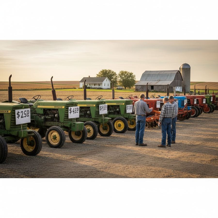 Used tractors and equipment displayed on a dealer lot with sale tags