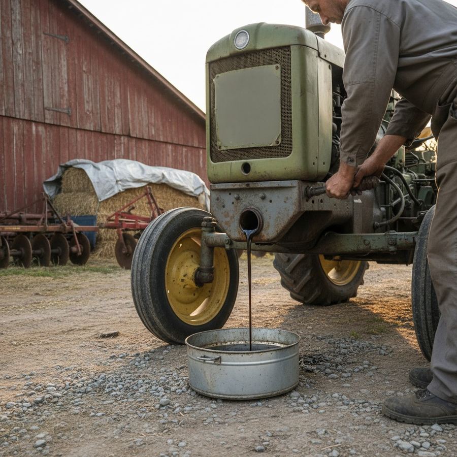 Draining engine oil from an older diesel tractor with a drain pan underneath