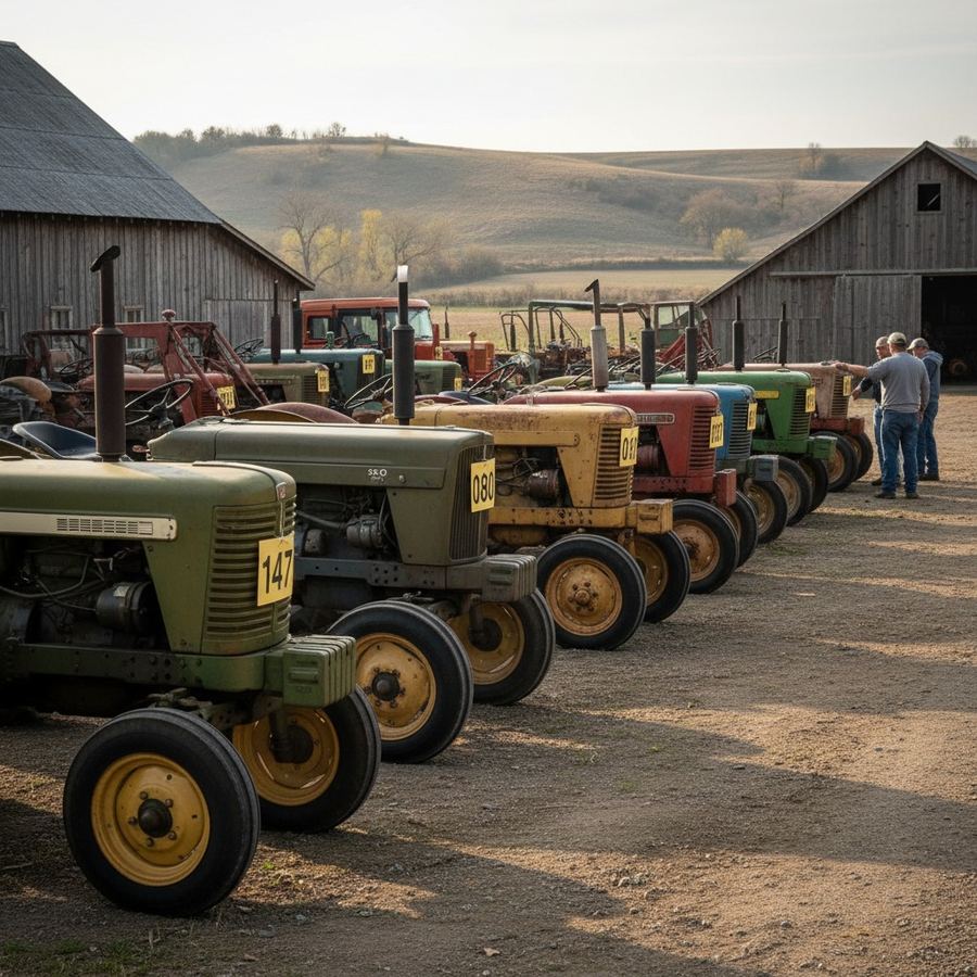 Row of tractors staged for a live farm retirement auction with yellow numbered tags