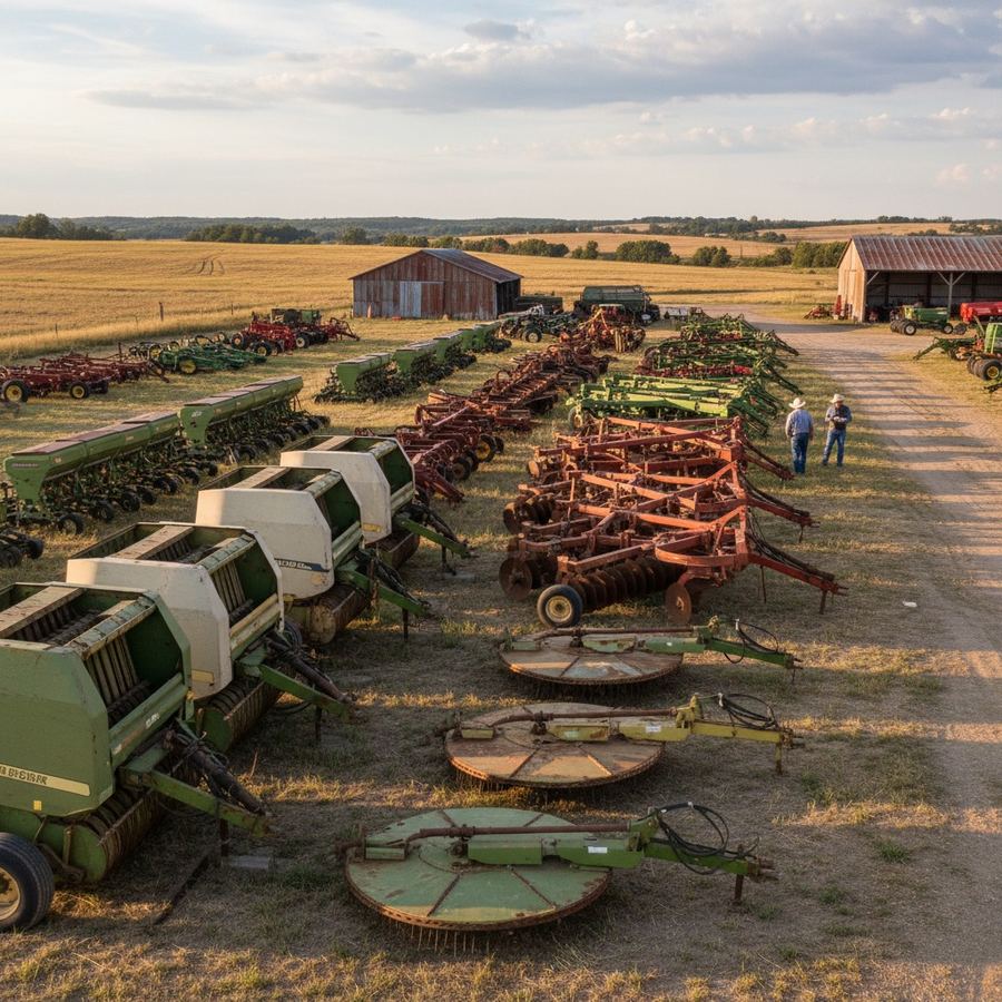 Used hay equipment, tillage implements, and planters lined up at an equipment auction yard