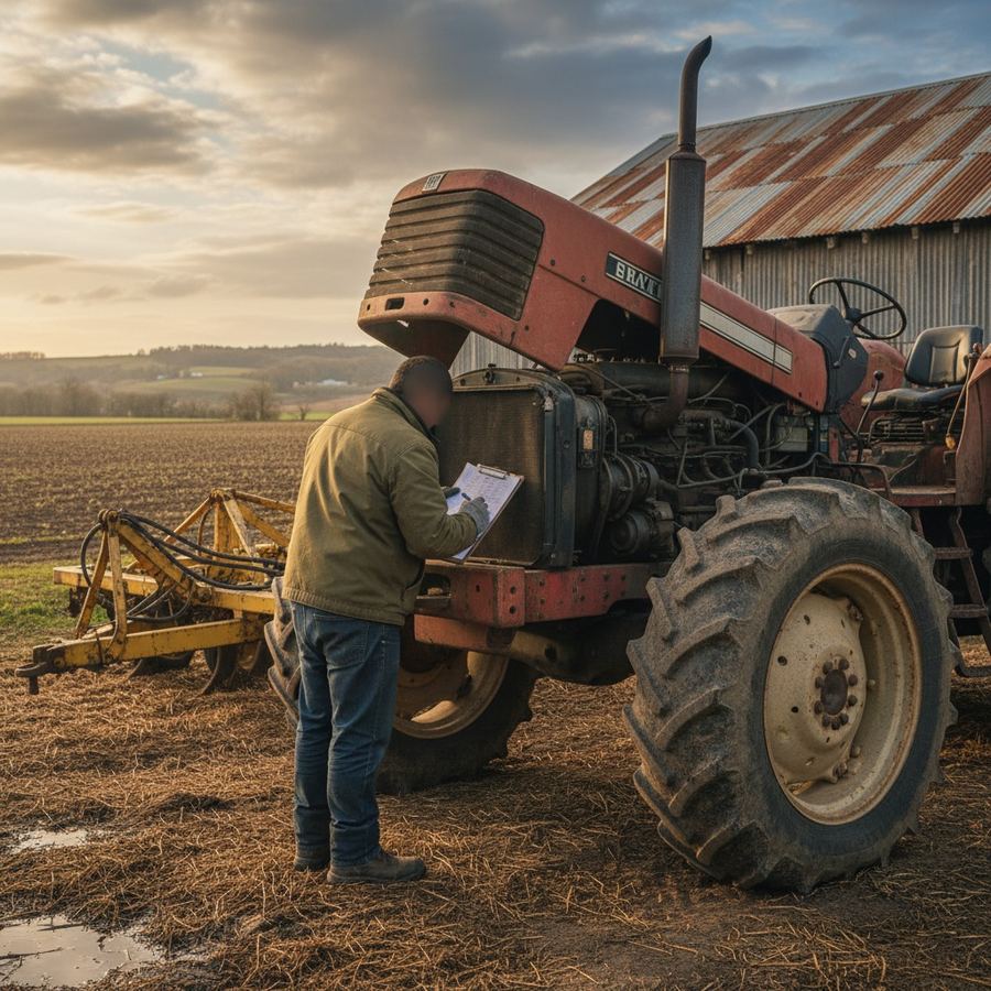 Buyer inspecting a used tractor and noting condition issues on a clipboard