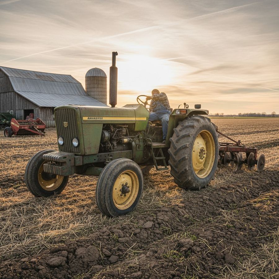 Used tractor parked in a field photographed for a private sale listing