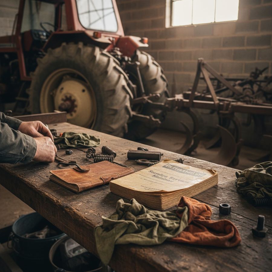 Notebook and tractor service manual on a workbench covered in shop rags and small parts
