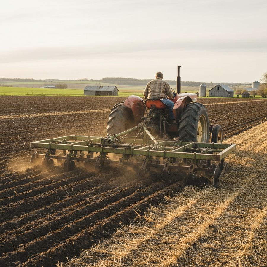 Large field cultivator working ground during spring tillage