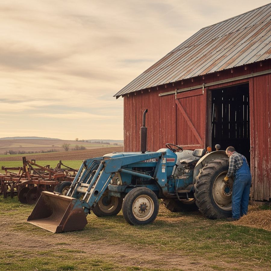 Ford 5000 utility tractor with front loader parked next to a farm barn