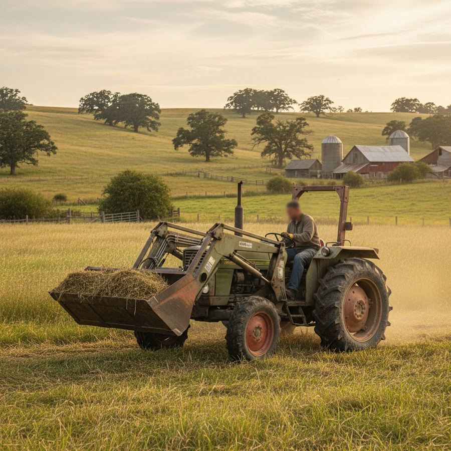Utility tractor with front loader and bucket working in a pasture