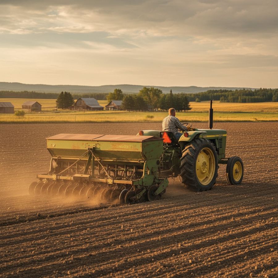 Used grain drill seeding a field of freshly worked soil