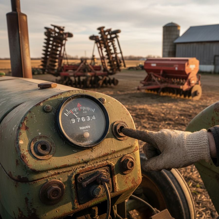 Close up of a tractor hour meter showing accumulated operating hours
