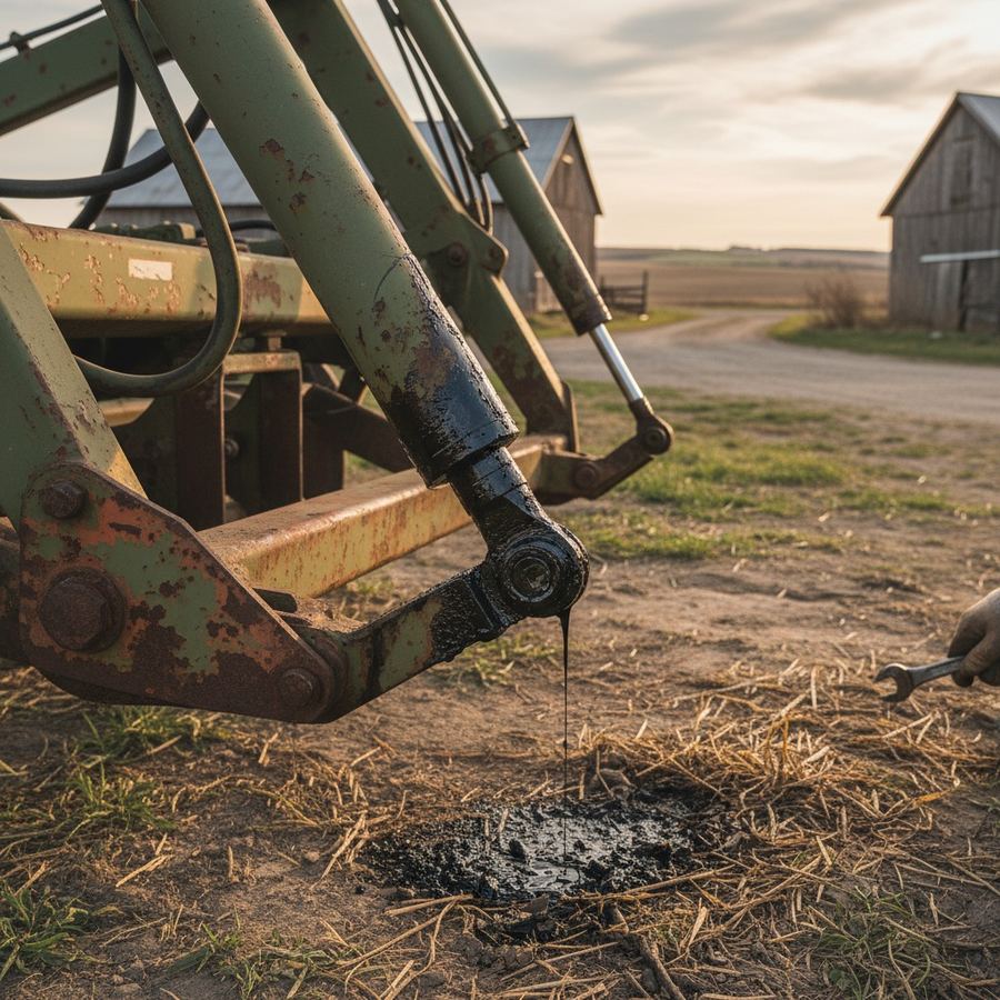 Hydraulic cylinder showing typical rod seal leak with oil on the rod and gland nut