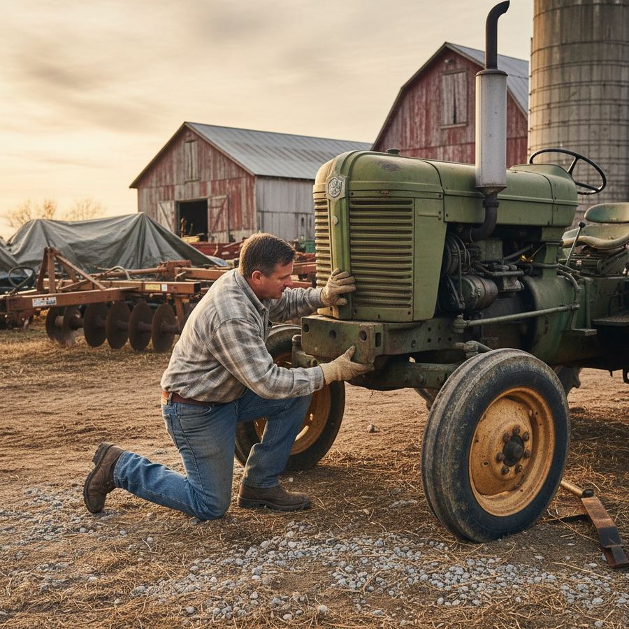 Buyer kneeling to inspect the front axle and pedestal casting of a used utility tractor