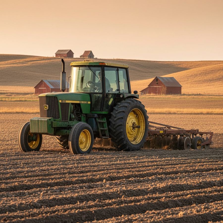 John Deere 4440 row crop tractor with cab working a tilled field