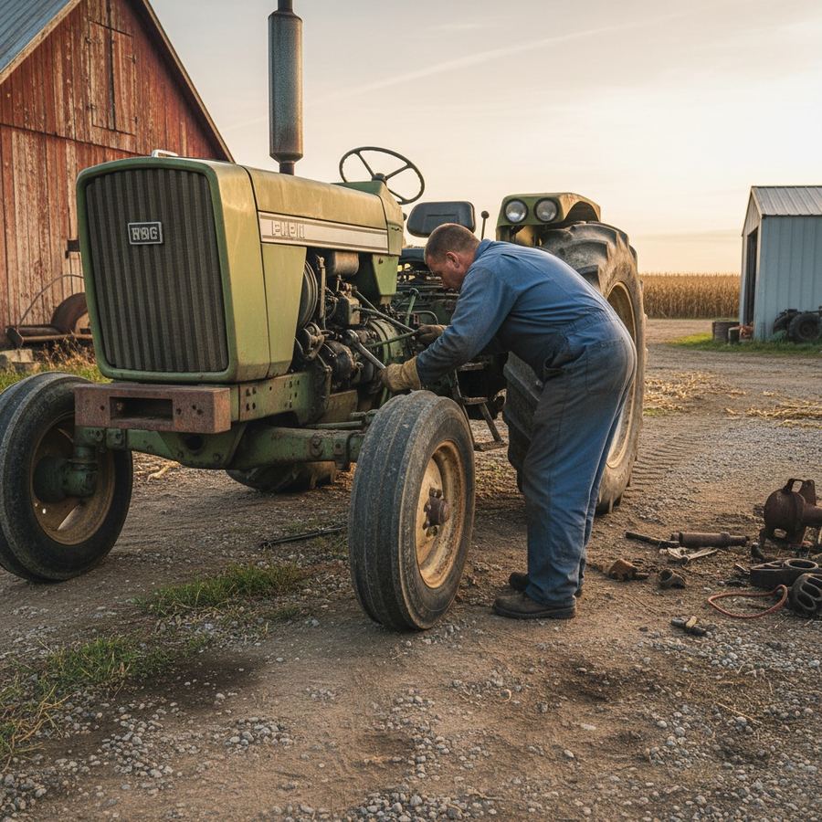 Mechanic inspecting front axle and drive shaft on a used MFWD tractor