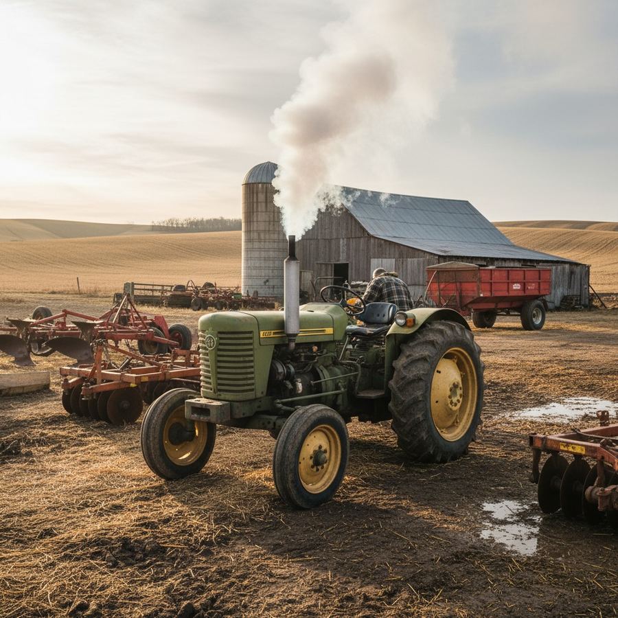 Exhaust smoke from a cold start on an older four cylinder diesel farm tractor