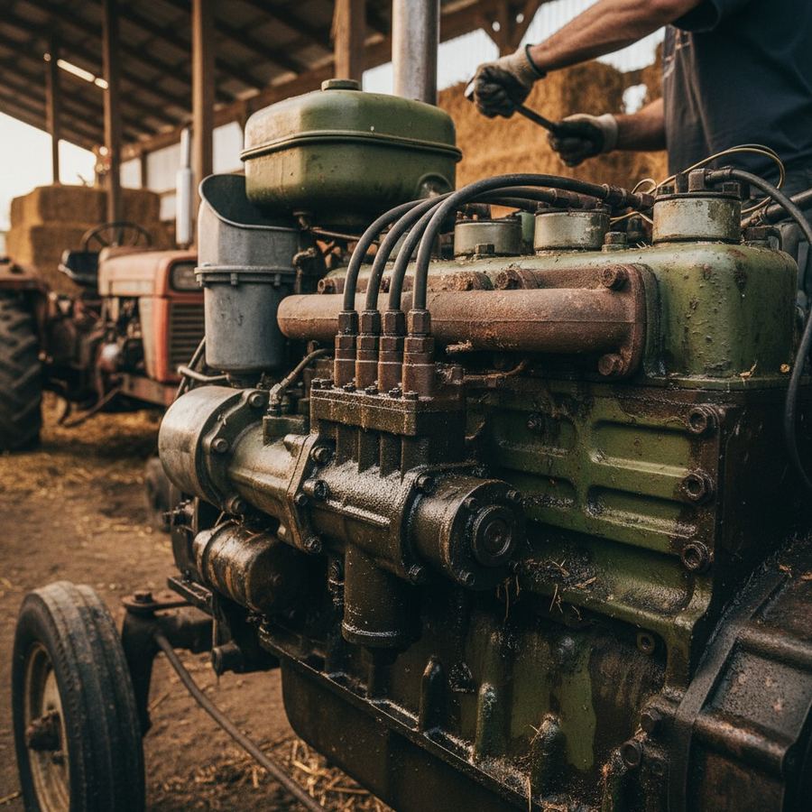 Close view of a Bosch inline injection pump on an older six cylinder farm diesel
