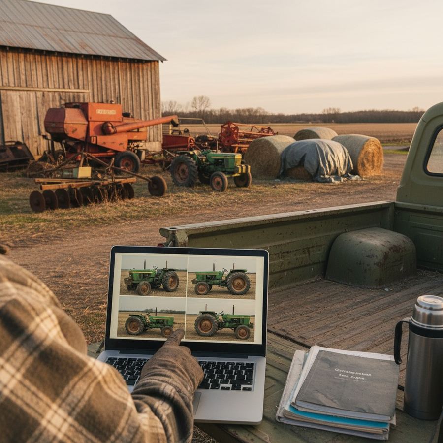 Buyer reviewing multiple photos of a used farm tractor on a laptop screen