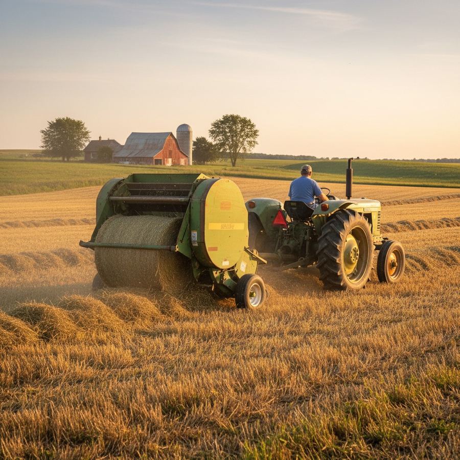 Round baler rolling a windrow of hay in a summer field