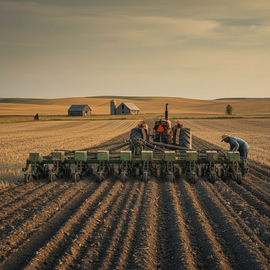 Row crop planter working a field preparing to plant corn