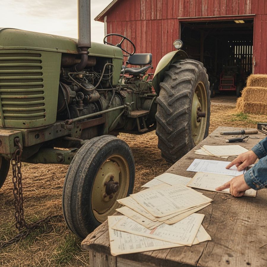 Service records and work orders laid out next to a used tractor