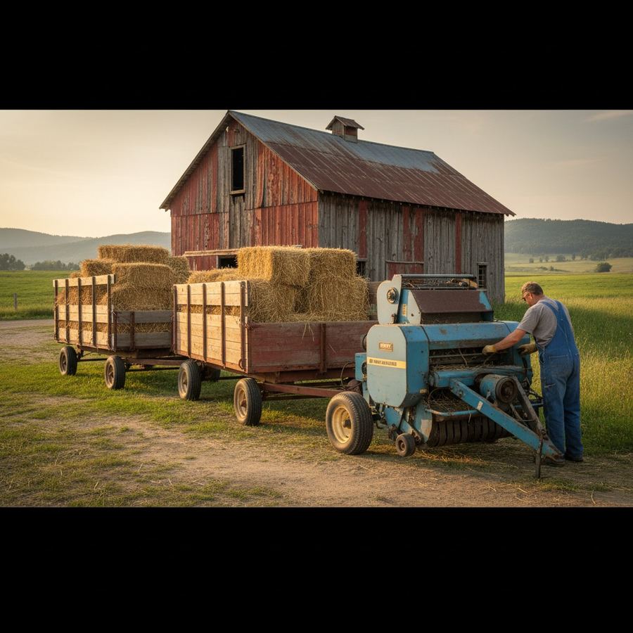 New Holland small square baler parked next to hay wagons at a farm barn