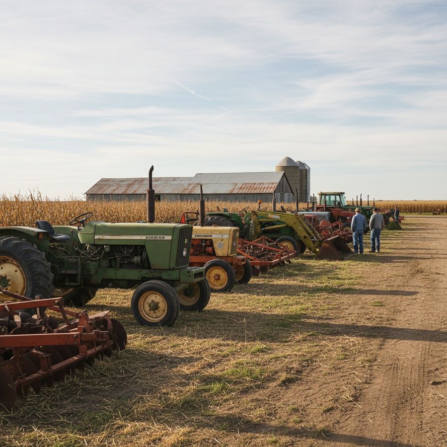 Used tractors lined up at a farm equipment auction yard