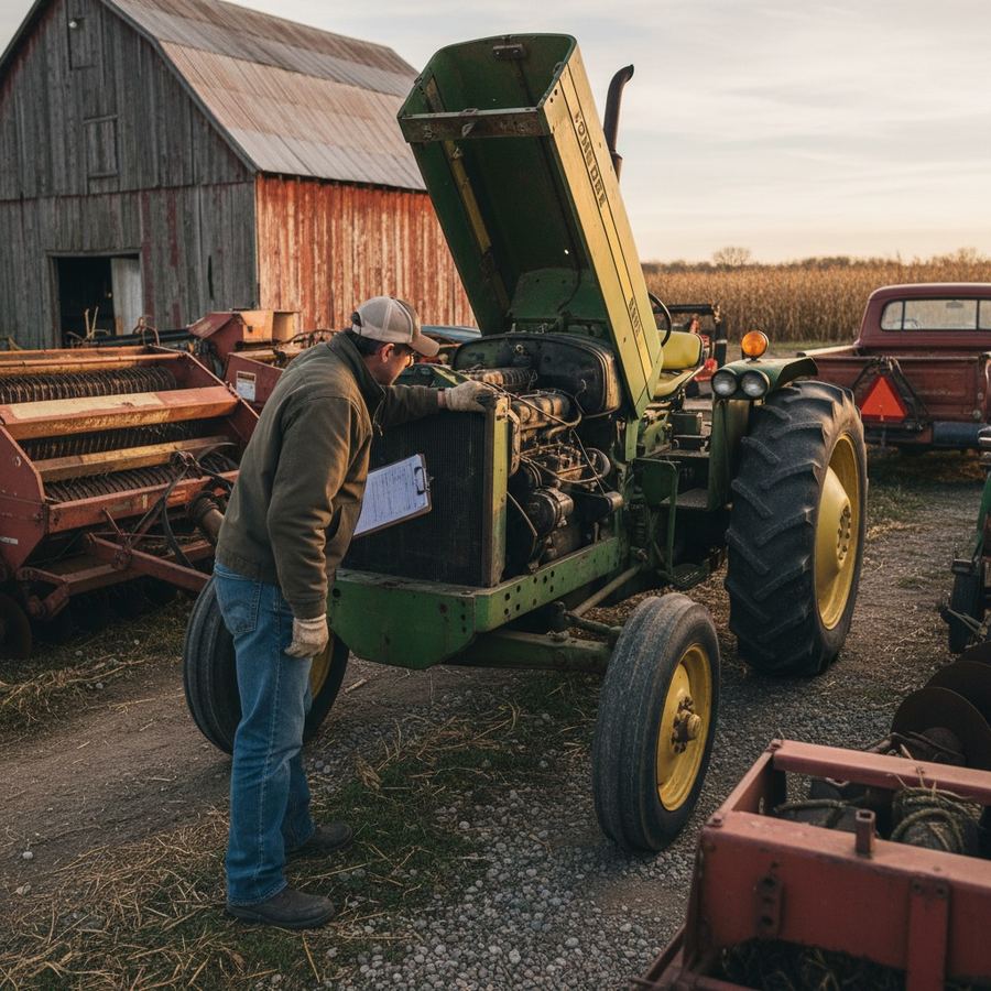 Buyer checking the engine bay of an older John Deere utility tractor with a clipboard