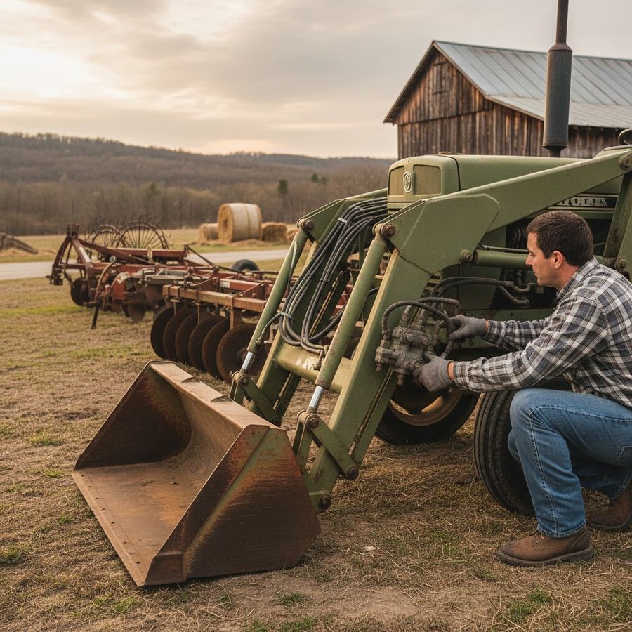 Buyer inspecting the hydraulic lines and loader valve on a used utility tractor