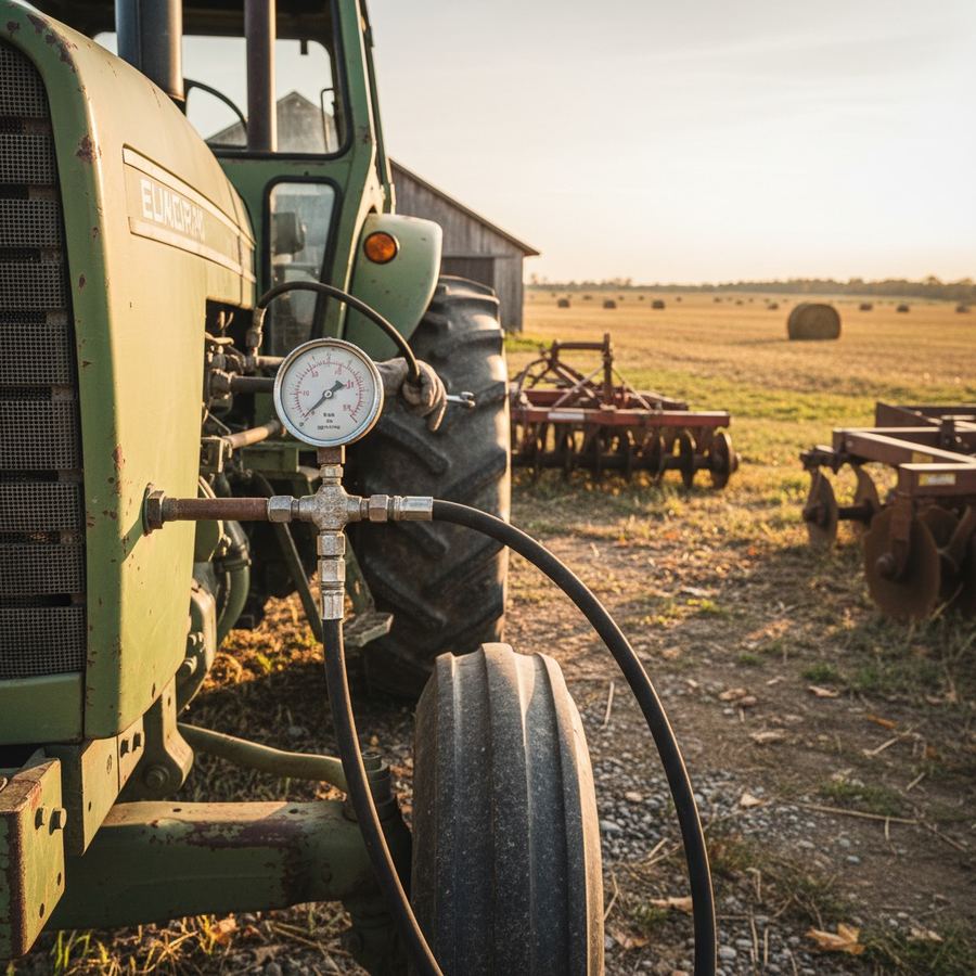 Hydraulic pressure test gauge installed on a used tractor remote port