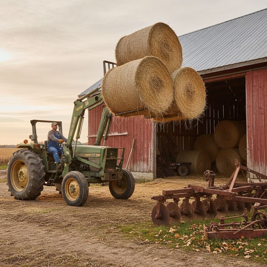 Tractor loader with pallet forks lifting hay bales in a barnyard