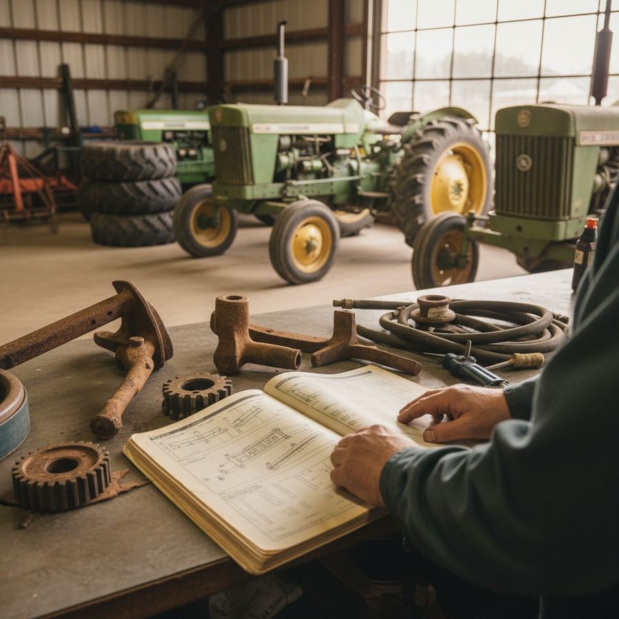 Parts counter at a tractor dealership with an open legacy parts catalog