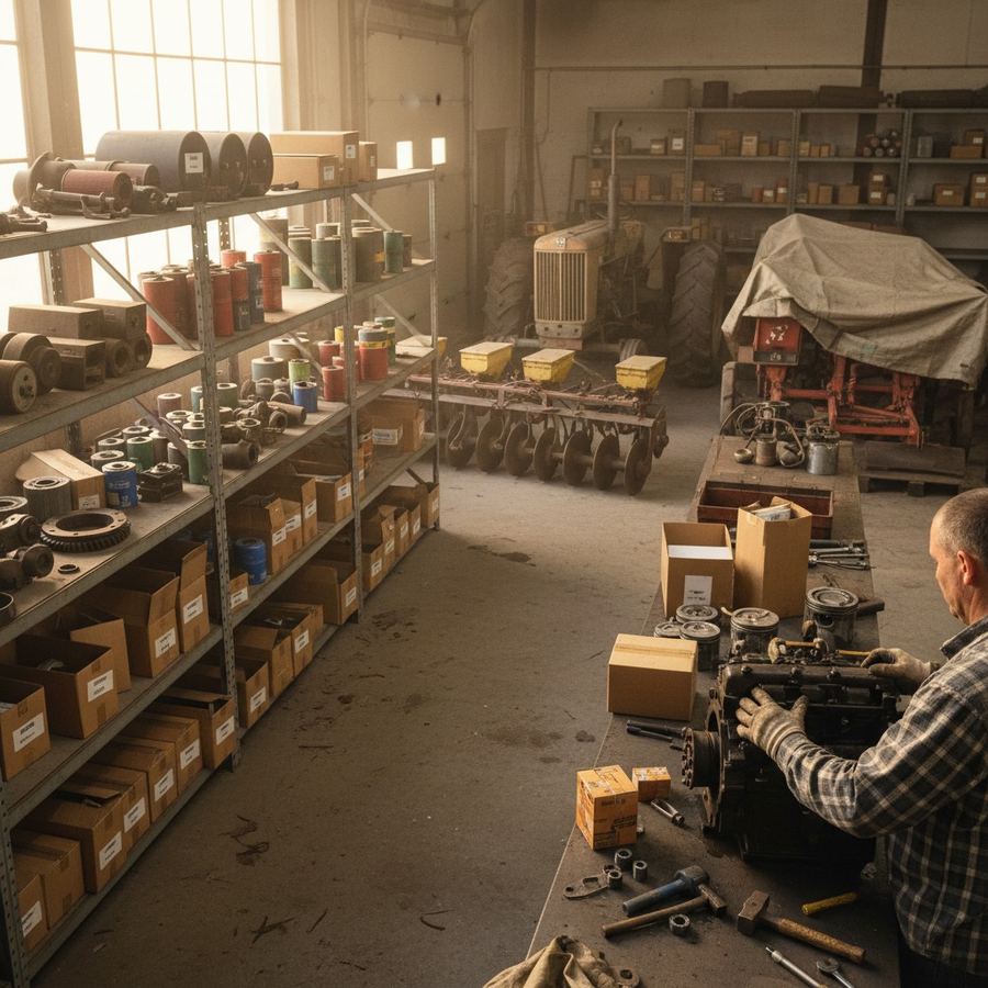 Shelves of tractor rebuild kits, filters, and aftermarket parts in a farm shop