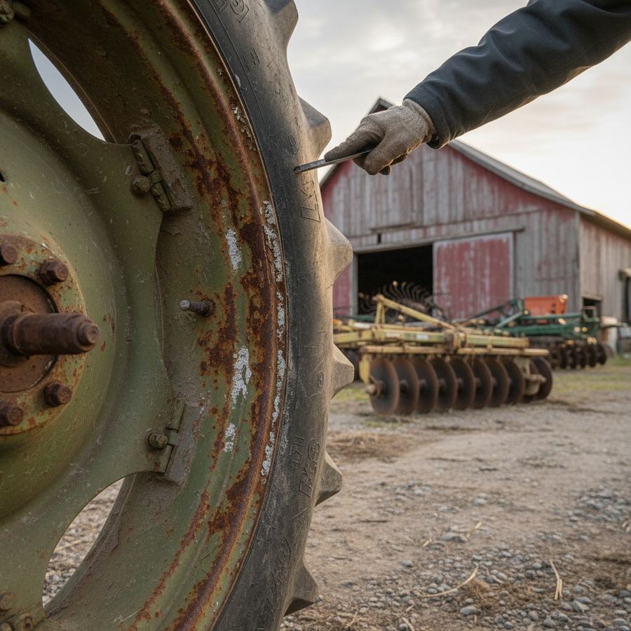 Rear tractor rim showing rust and corrosion damage from calcium chloride tire loading