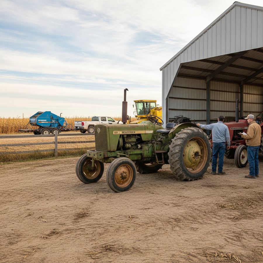 Older tractor being traded in at a farm equipment dealership