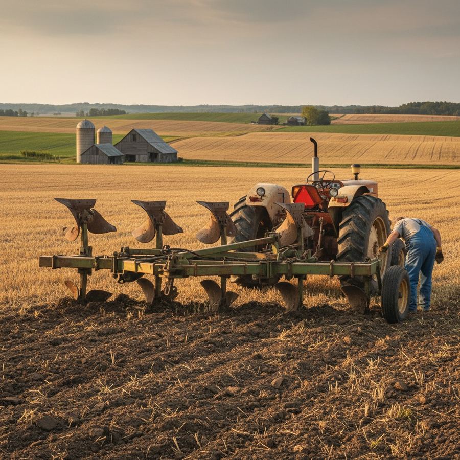 Used chisel plow sitting at the edge of a tilled field at dusk