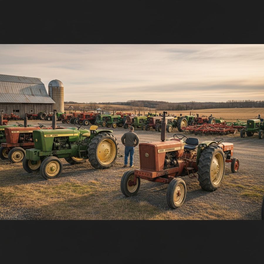 Used John Deere, Massey Ferguson, and Kubota tractors parked in a dealer lot