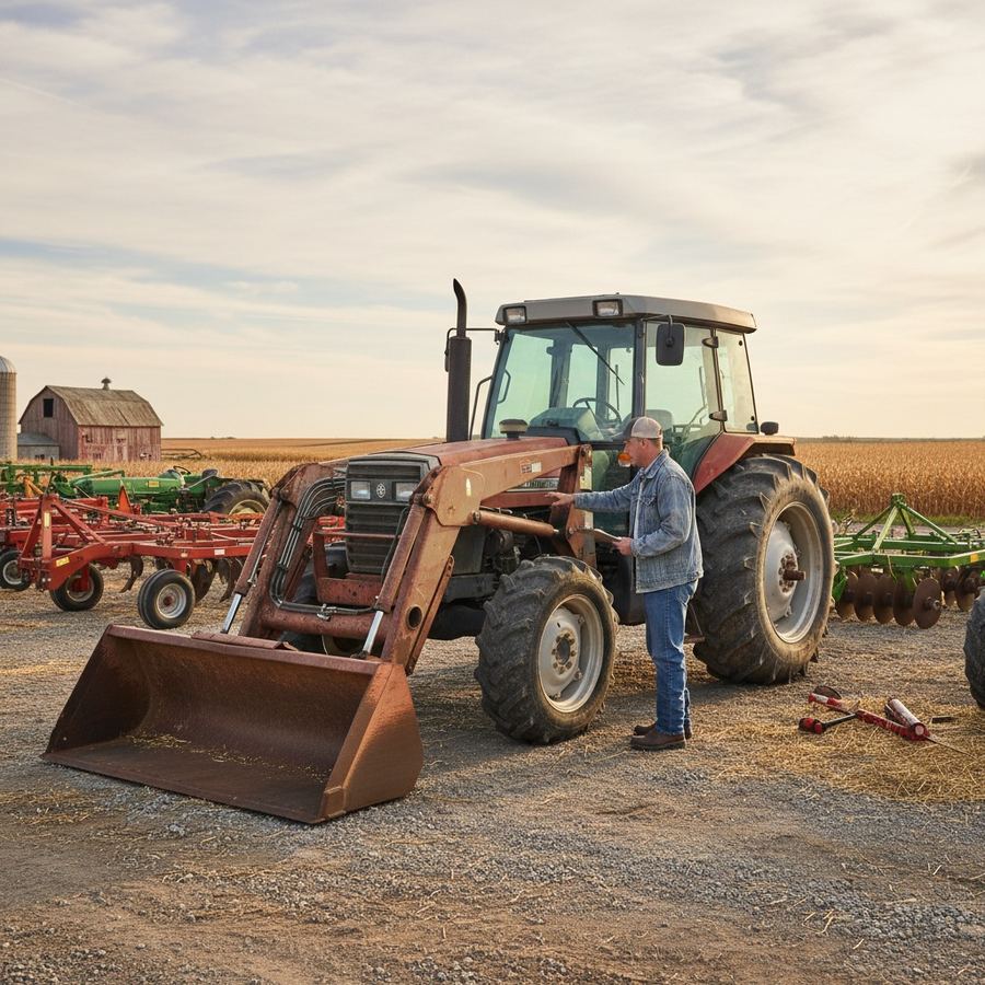 Salesman showing a customer a used tractor on a dealer lot