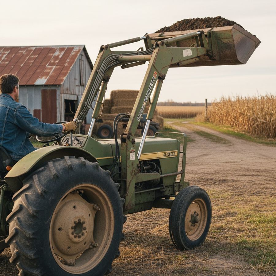 Operator testing hydraulic lift and loader function on a used farm tractor
