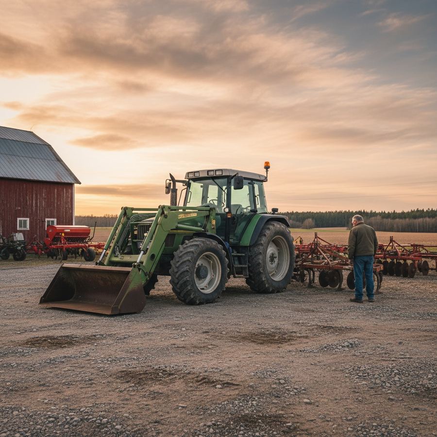 Cleanly photographed used tractor in evening light on a gravel lot