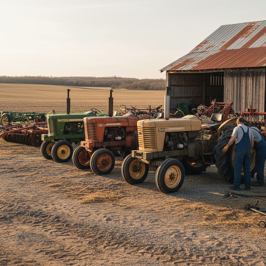 Row of used utility and row crop tractors lined up at a farm equipment yard