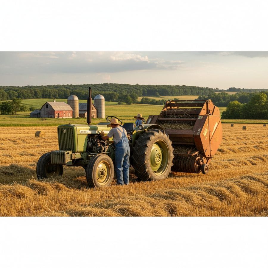 Utility tractor with round baler parked at the edge of a hayfield