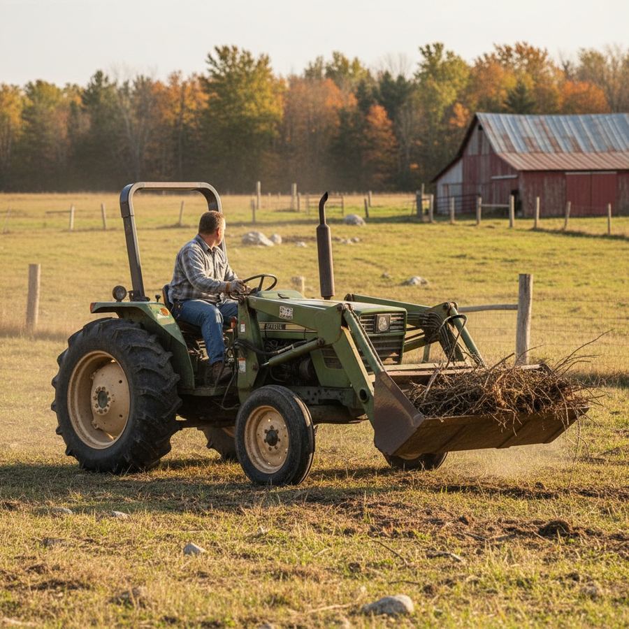 Used utility tractor with front loader working on a small farm pasture