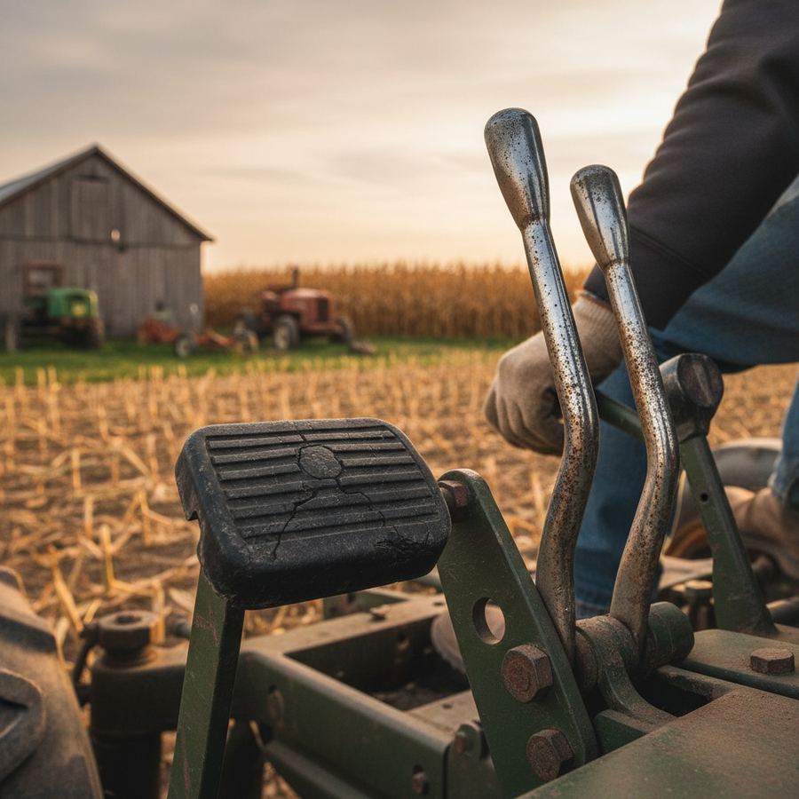 Worn clutch pedal rubber and polished hydraulic levers indicating real-world use on a used tractor